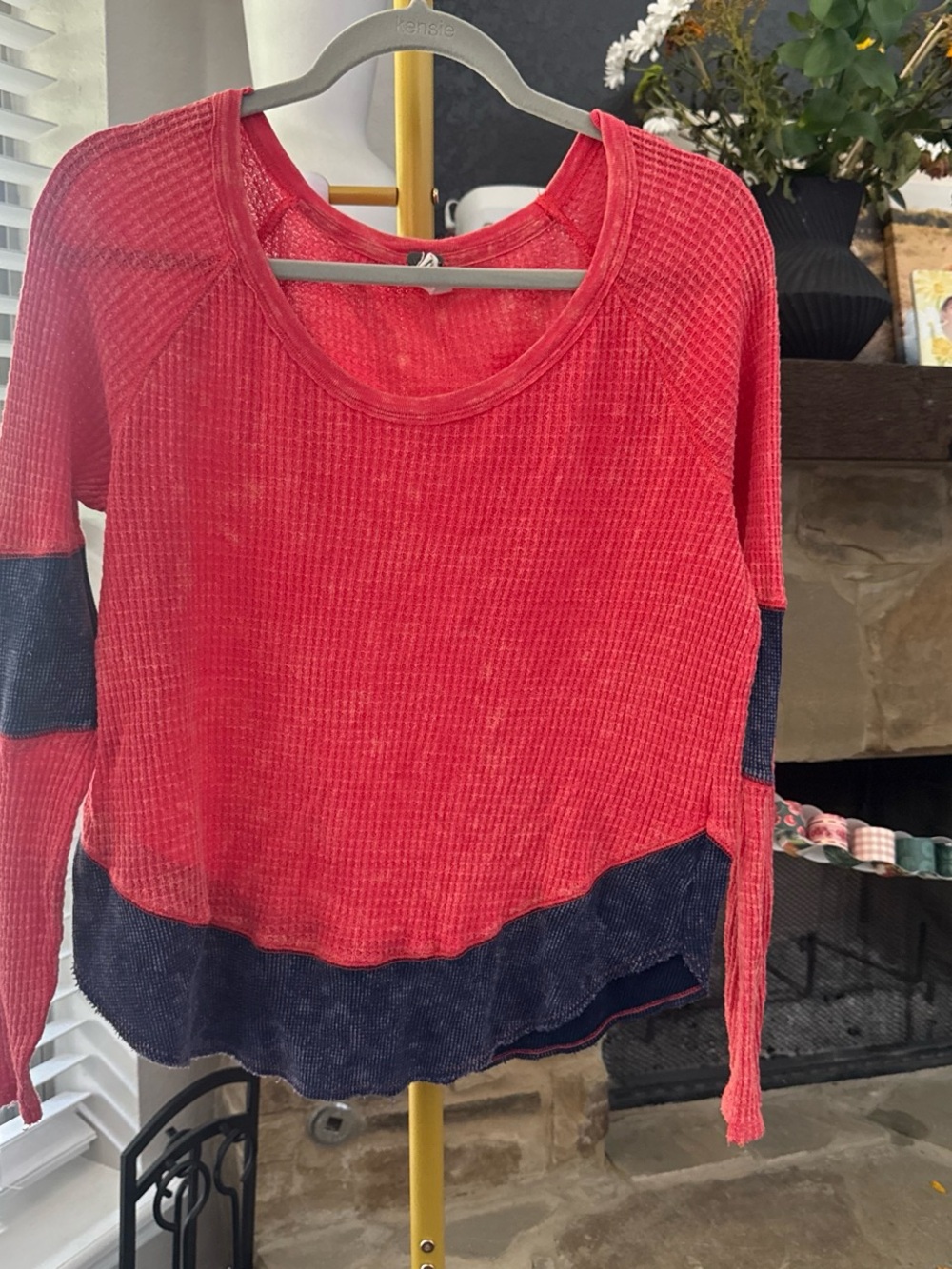 We The Free Coral Red Waffle Knit Top with Contrasting Trim